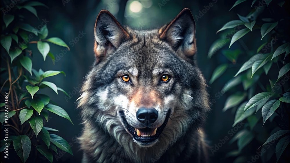 A close-up of a wolf's face with sharp teeth and piercing eyes set against a dark background of forest foliage at night, fauna, nature, wilderness A close-up of a wolf's face with sharp teeth and piercing eyes set against a dark background of forest foliage at night, fauna, nature, wilderness