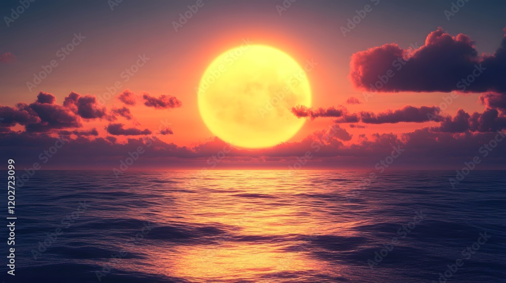 Sunset over ocean waves with dramatic clouds and large sun Sunset over ocean waves with dramatic clouds and large sun