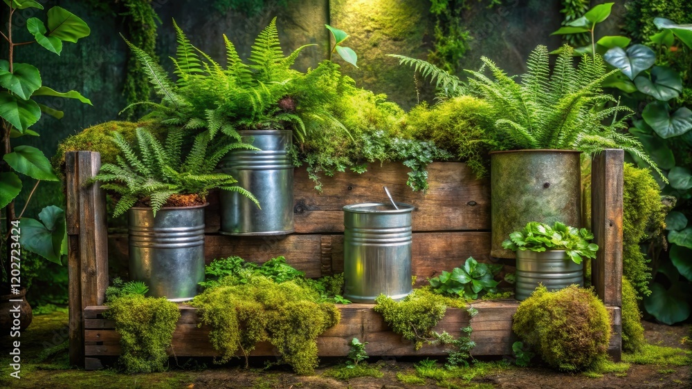 A collection of old metal cans arranged artfully on a wooden crate filled with soft green moss and ferns, surrounded by lush vines, plants, beer cans, vintage packaging A collection of old metal cans arranged artfully on a wooden crate filled with soft green moss and ferns, surrounded by lush vines, plants, beer cans, vintage packaging