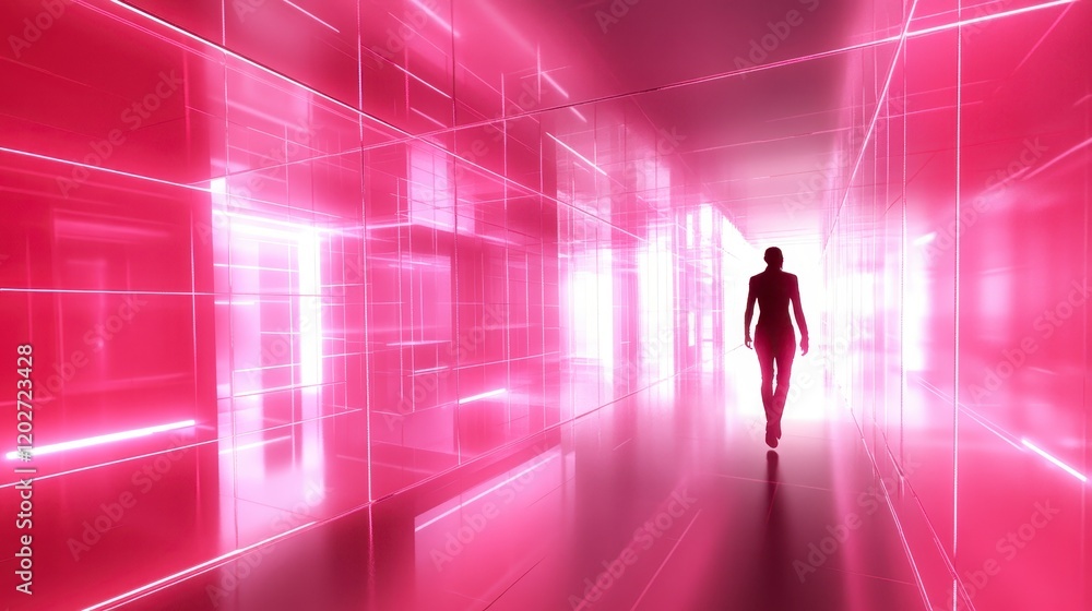 Person Walking Through Futuristic Pink Neon Corridor Sci Fi Abstract Technology Person Walking Through Futuristic Pink Neon Corridor Sci Fi Abstract Technology