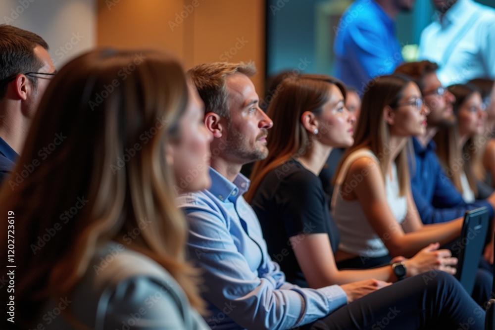 Engaged Audience in a Modern Conference Room: Professionals Focused on Presentations and Collaborating Ideas During a Knowledge-Driven Event Engaged Audience in a Modern Conference Room: Professionals Focused on Presentations and Collaborating Ideas During a Knowledge-Driven Event