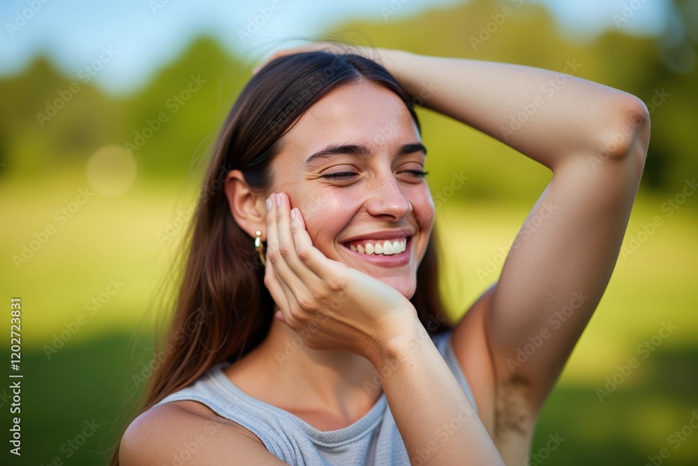 Joyful Young Woman Smiling Outdoors in Natural Light with Lush Green Background, Showcasing Happiness, Beauty, and Relaxation Joyful Young Woman Smiling Outdoors in Natural Light with Lush Green Background, Showcasing Happiness, Beauty, and Relaxation