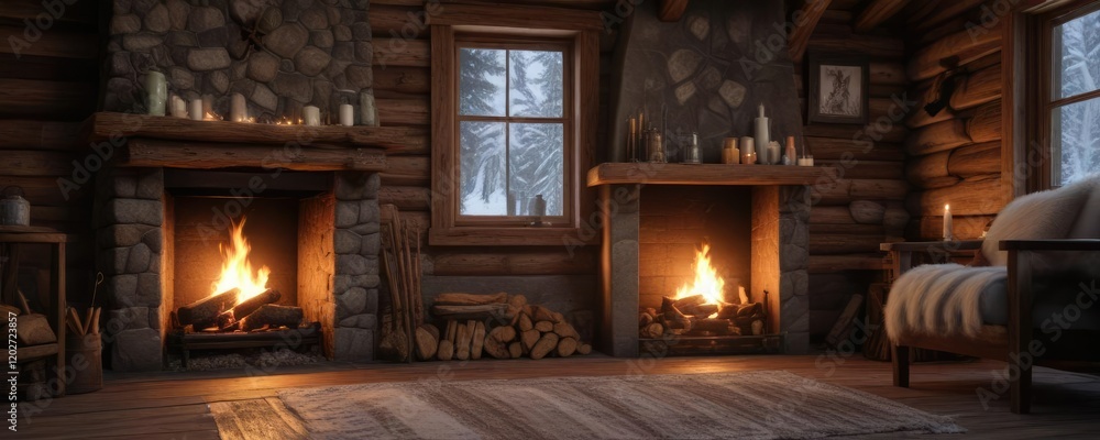 A crackling fireplace in a rustic cabin on a snowy winter evening, quiet moment, serene landscape A crackling fireplace in a rustic cabin on a snowy winter evening, quiet moment, serene landscape