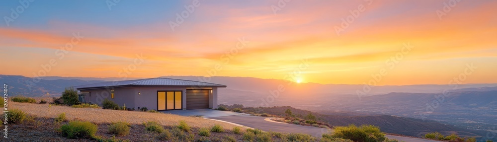 Fototapeta premium Serene sunset silhouette, a solitary house on hill embraces the golden hour tranquil