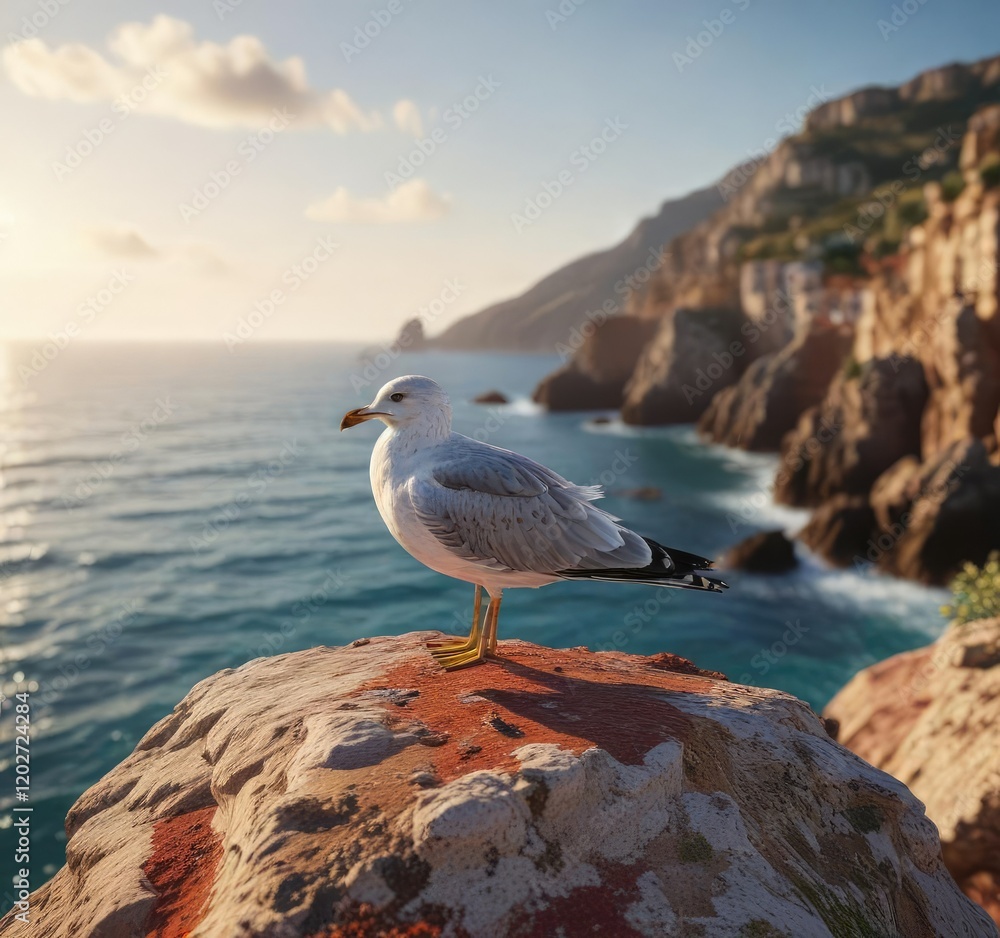 A lone seagull sits atop a weathered rock in the Mediterranean Sea, its feathers ruffled by the gentle breeze , sky, nature A lone seagull sits atop a weathered rock in the Mediterranean Sea, its feathers ruffled by the gentle breeze , sky, nature