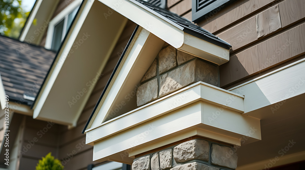 Fototapeta premium Captivating Architectural Details: A Modern Home's Exterior Design. Stone and Wood Accents, Classic Style, and Exquisite Craftsmanship. Discover the beauty of refined residential architecture.