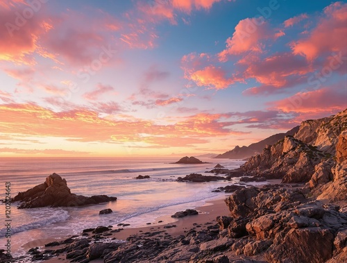 A majestic panoramic sunset sky transforms the rugged coastline with shades of coral and peach hues, dramatic lighting, coastal landscape, vibrant colors, ocean views, coral tones