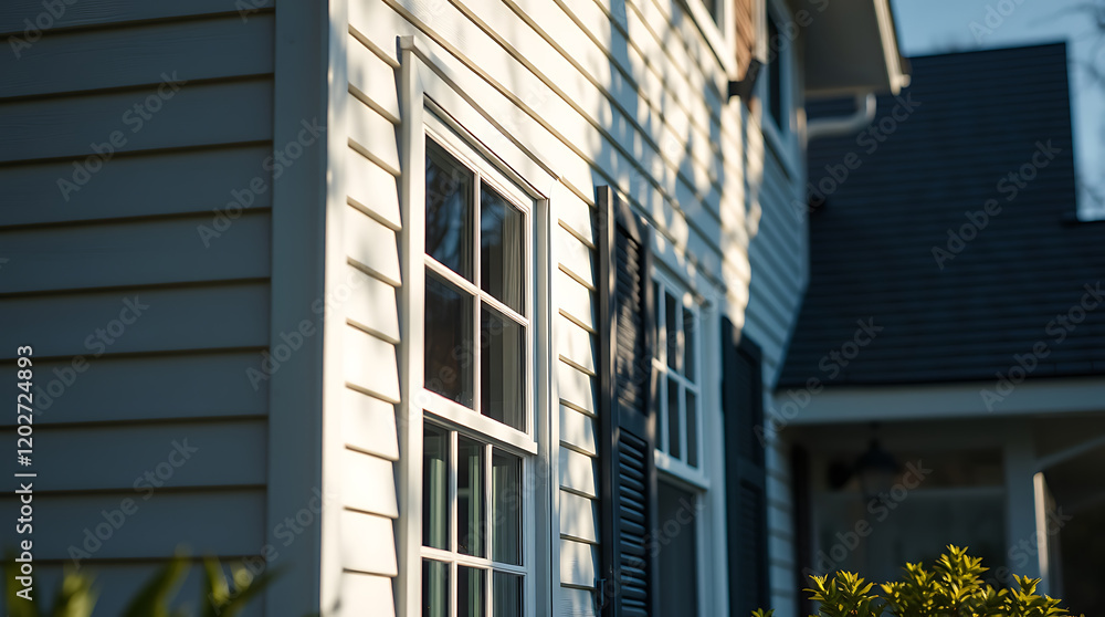 Sunlit House Exterior: White Siding, Classic Windows, and Architectural Details Sunlit House Exterior: White Siding, Classic Windows, and Architectural Details