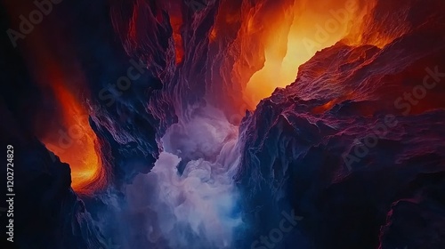  An abstract depiction of red, blue, and orange lava and clouds against a dark sky backdrop