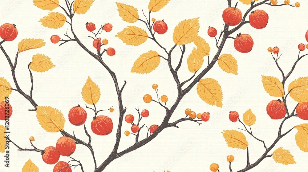 Seamless autumnal pattern with branches, leaves, and berries. Seamless autumnal pattern with branches, leaves, and berries.