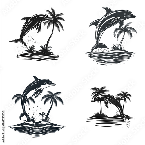 Palm trees and dolphins vector 