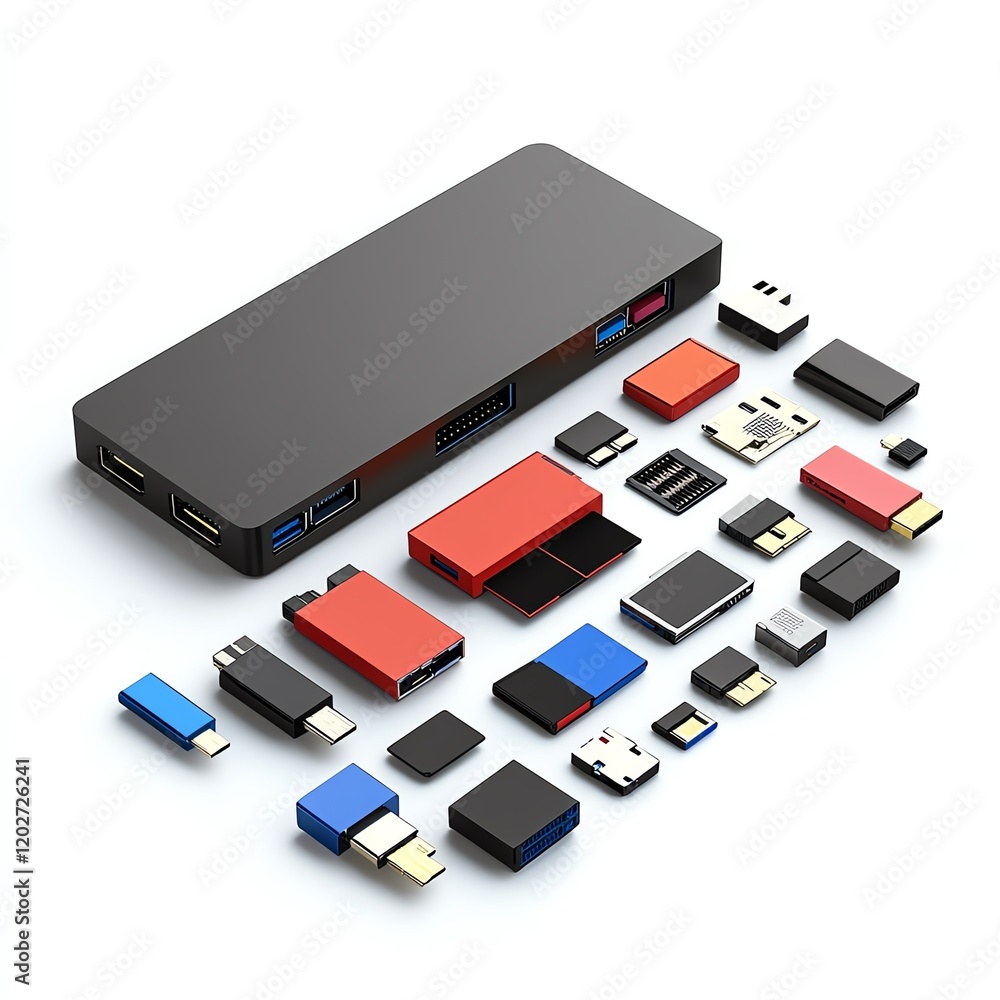 Collection of Modern Electronic Connectors and Adapters Arranged on a Flat Surface for Tech Enthusiasts Collection of Modern Electronic Connectors and Adapters Arranged on a Flat Surface for Tech Enthusiasts