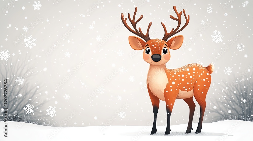 A cute cartoon deer stands in a snowy landscape with falling snowflakes, evoking a winter theme. A cute cartoon deer stands in a snowy landscape with falling snowflakes, evoking a winter theme.