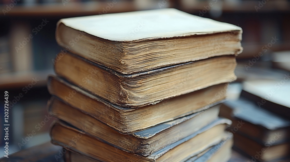 Stack of old, worn books in a library. Stack of old, worn books in a library.