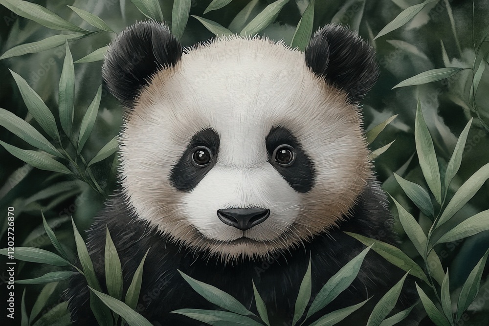 Fototapeta premium A cute panda peeking through bamboo leaves, showcasing its playful nature.