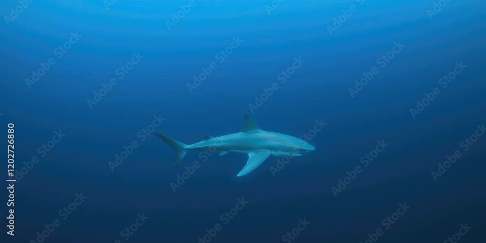 Fototapeta premium A solitary blue shark patrolling its territory near the surface of the ocean with an endless blue horizon, horizon, underwater photography