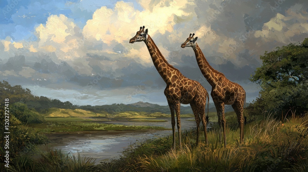 Obraz premium Giraffes grazing by the water african savanna wildlife scene natural habitat wide angle serenity and beauty