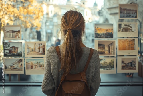 A woman looking at real estate posters displayed in a shop window.