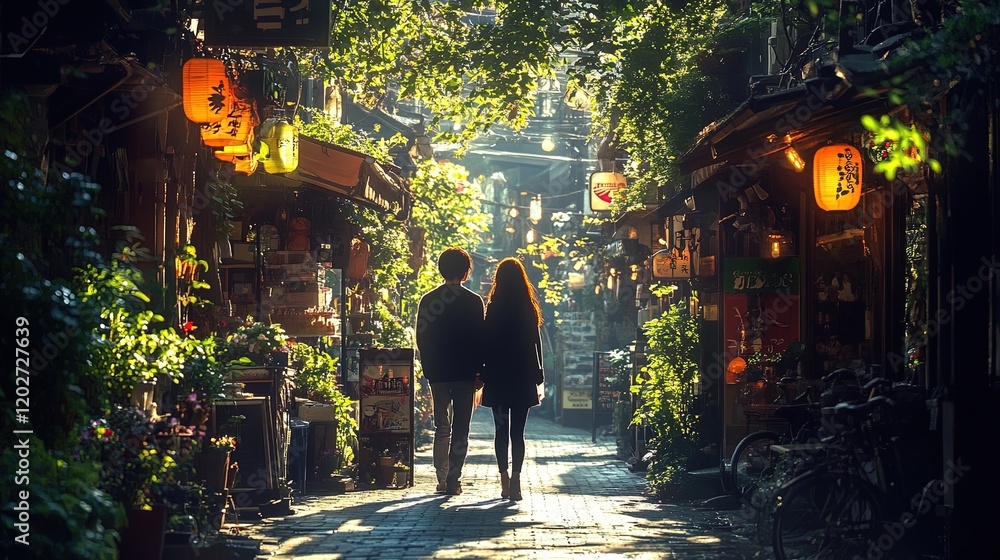 Fototapeta premium A couple walks hand-in-hand through a charming, illuminated alley filled with greenery.