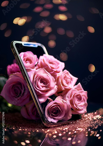 スマートフォンから飛び出すピンクの薔薇