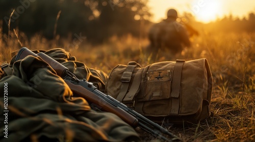 WWII Soldier's Rifle and Gear at Sunset - Peaceful Battlefield Scene photo