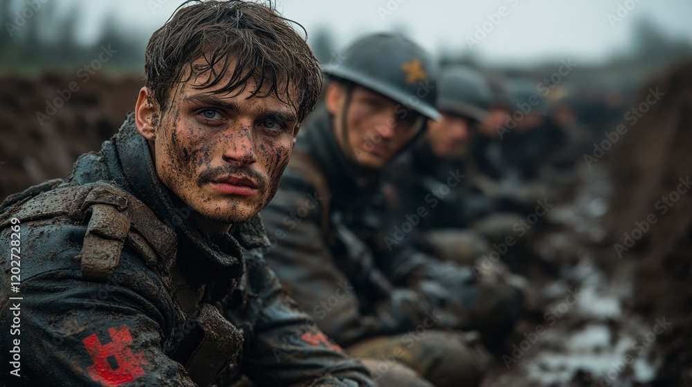 Mud-Covered WWI Soldier, Sad Expression, Trench Warfare, Battlefield Mud-Covered WWI Soldier, Sad Expression, Trench Warfare, Battlefield