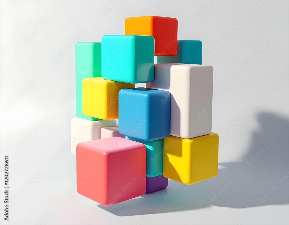 A vibrant 3D stack of colorful geometric blocks arranged in a modern, minimalist design, casting soft shadows on a light background. A vibrant 3D stack of colorful geometric blocks arranged in a modern, minimalist design, casting soft shadows on a light background.