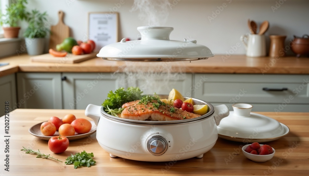 Steaming White Electric Multicooker with Fresh Salmon and Ingredients Steaming White Electric Multicooker with Fresh Salmon and Ingredients