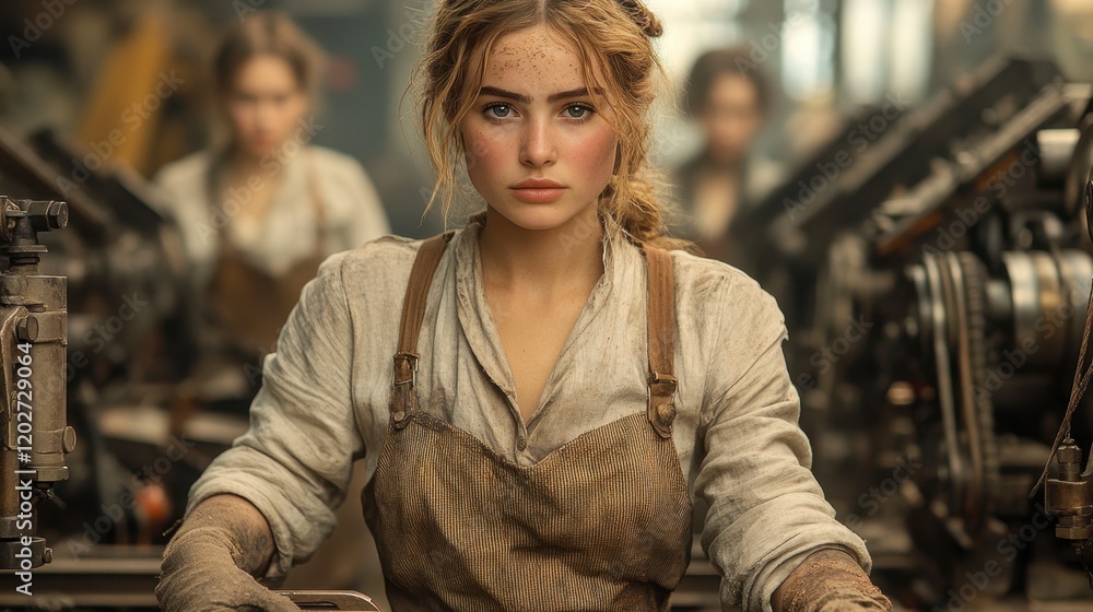 Fototapeta premium Focused Female Industrial Worker in Vintage Factory Setting