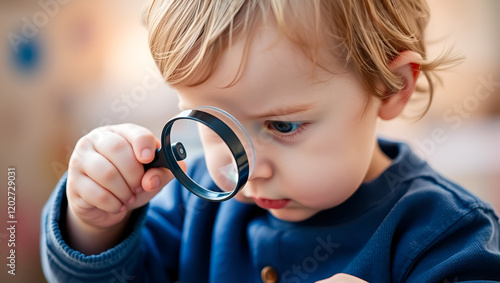 toddler looking through a magnifying glass at something. photo