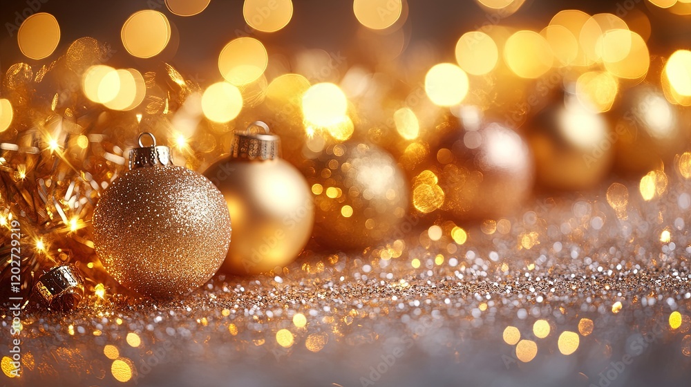 Elegant golden Christmas ornaments and sparkling lights creating a festive atmosphere Elegant golden Christmas ornaments and sparkling lights creating a festive atmosphere