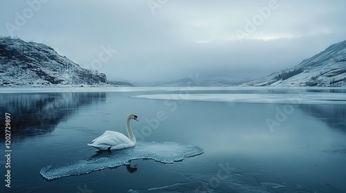 Fototapeta Naklejka Na Ścianę i Meble -    A white swan gracefully gliding atop a lake, encircled by snow-capped mountains and an icy expanse