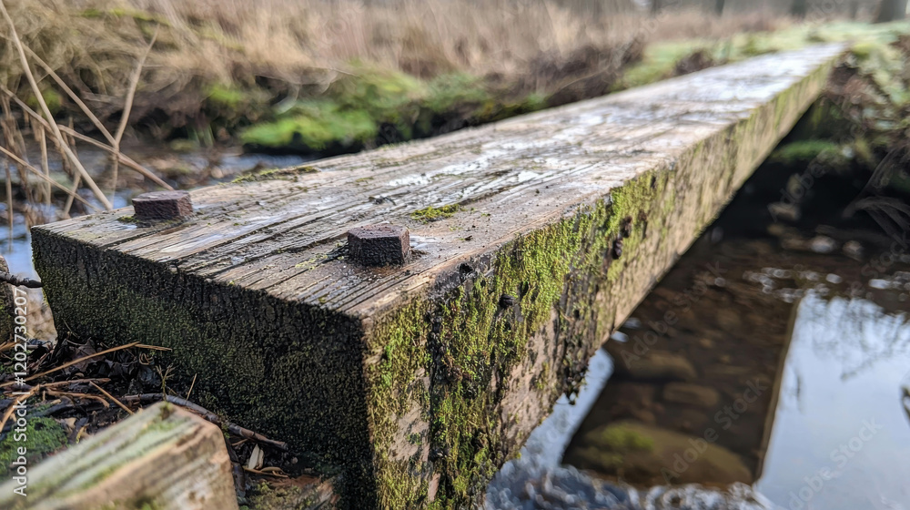 Weathered Timber Bridge Crossing Small Stream Surrounded by Nature and Grass