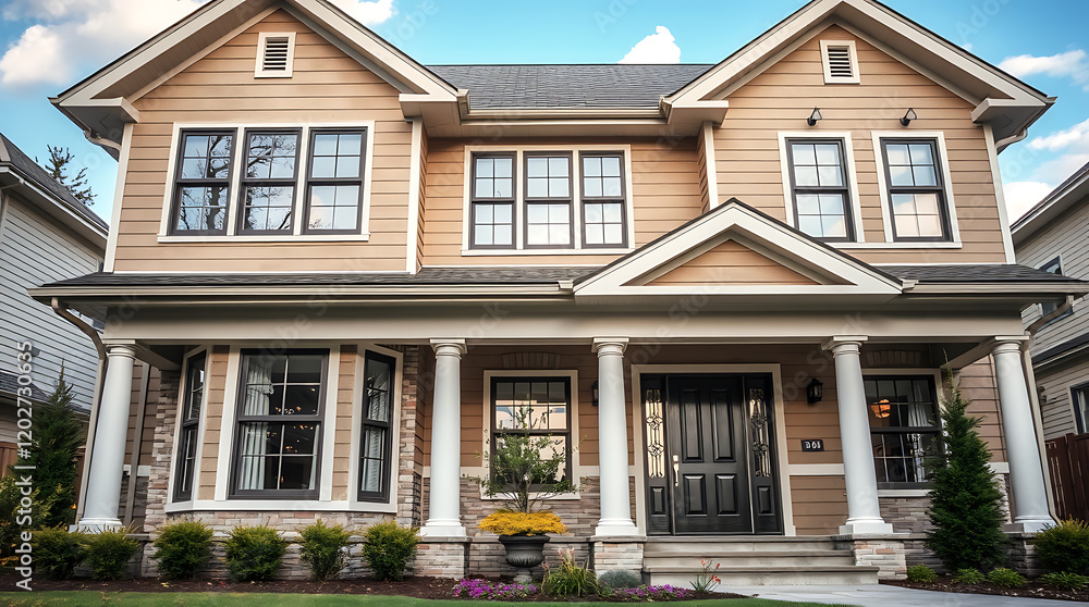 Luxury House Exterior: Modern Home Design with Columns and Brick Facade Luxury House Exterior: Modern Home Design with Columns and Brick Facade