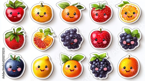 Colorful cartoon fruit stickers featuring smiling faces on a bright background