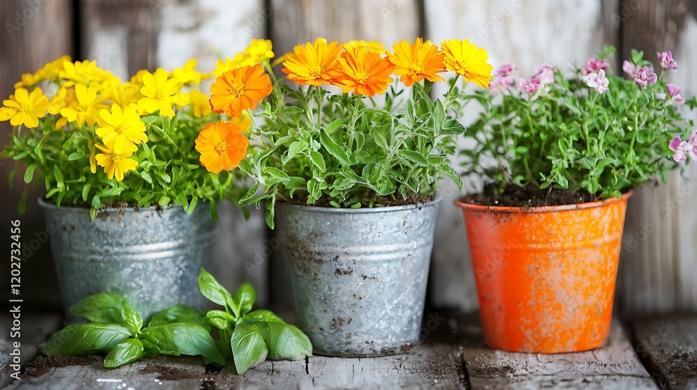 Colorful potted flowers, rustic background, spring planting, gardening Colorful potted flowers, rustic background, spring planting, gardening