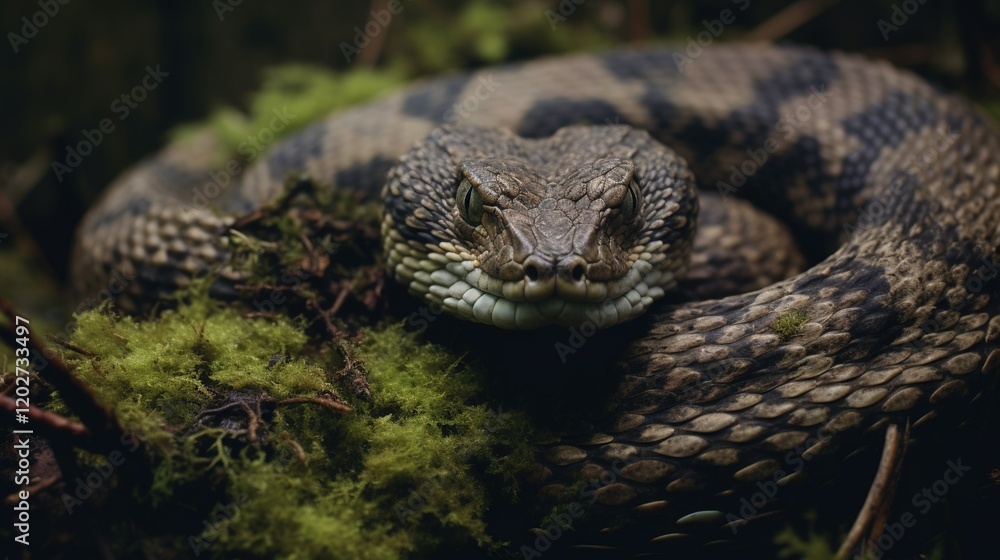 A close-up picture of a snake on a mossy ground with its mouth open and tongue extended A close-up picture of a snake on a mossy ground with its mouth open and tongue extended