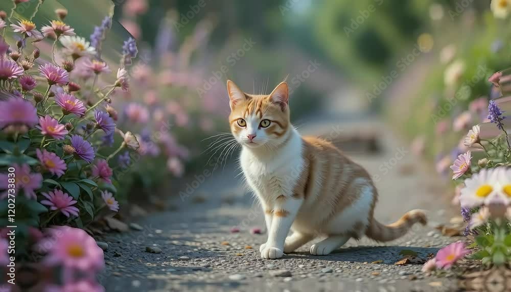 꽃길 위에 앉아있는 사랑스러운 고양이 꽃길 위에 앉아있는 사랑스러운 고양이