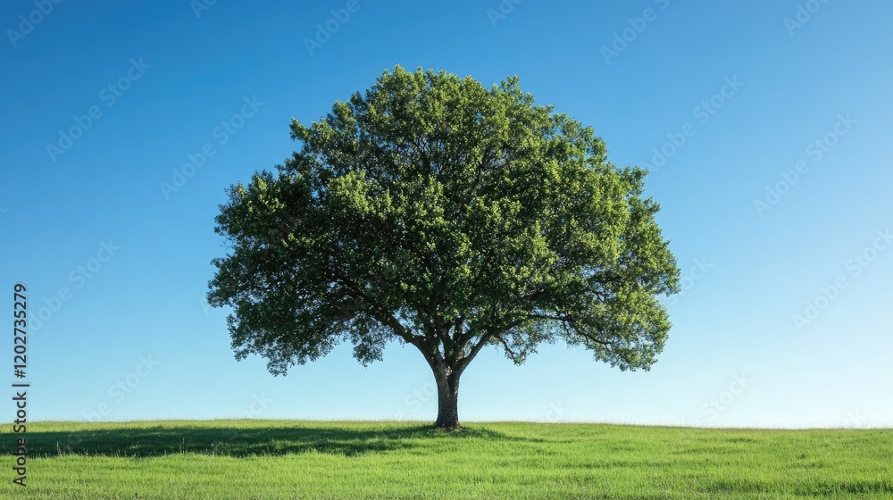 A clear shot of a tall tree with an expansive green canopy under a perfect blue sky. A clear shot of a tall tree with an expansive green canopy under a perfect blue sky.