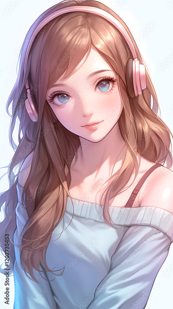 Young woman with long hair and headphones, smiling softly against a light background, conveying joy Young woman with long hair and headphones, smiling softly against a light background, conveying joy