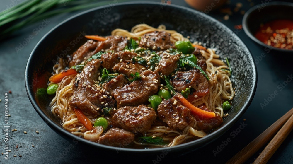 Delicious sukiyaki on black bowl Delicious sukiyaki on black bowl