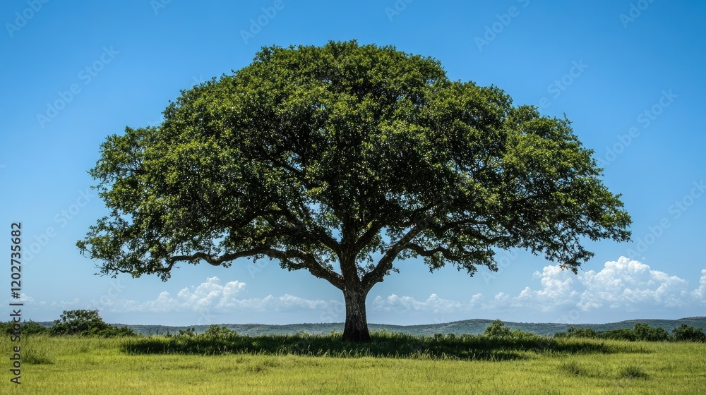 Obraz premium A clear shot of a tall tree with an expansive green canopy under a perfect blue sky.