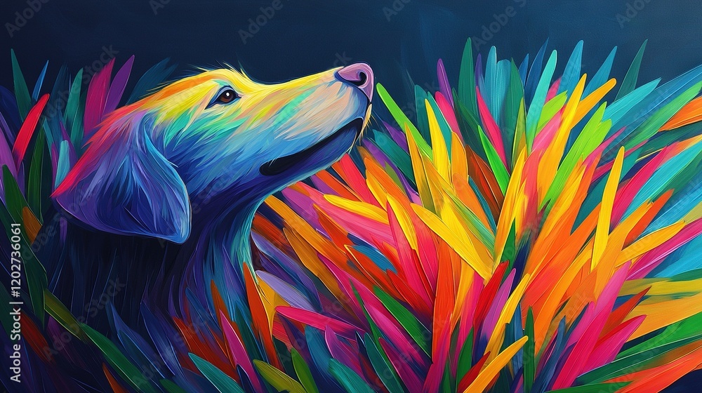 Obraz premium A vibrant portrait of a pooch sporting brilliant feathers on its head, gazing heavenward at a captivating bird of paradise