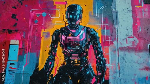 A futuristic graffiti-style wall painting of a robotic figure surrounded by glowing neon circuits and data streams.