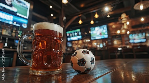 A close-up of a beer mug and a soccer ball on a wooden bar top with TV screens in the background.