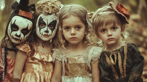 Four young girls in Halloween costumes, two with scary face paint.