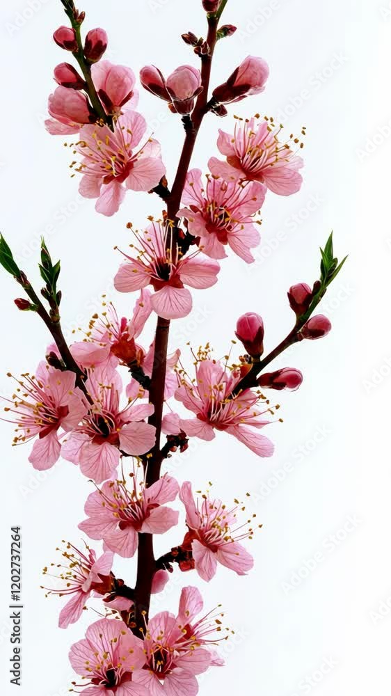 Pink cherry blossoms in full bloom against a white background during spring season Pink cherry blossoms in full bloom against a white background during spring season