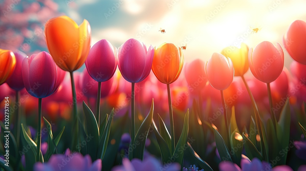 A vibrant field of tulips illuminated by sunlight, showcasing nature's beauty in springtime. A vibrant field of tulips illuminated by sunlight, showcasing nature's beauty in springtime.