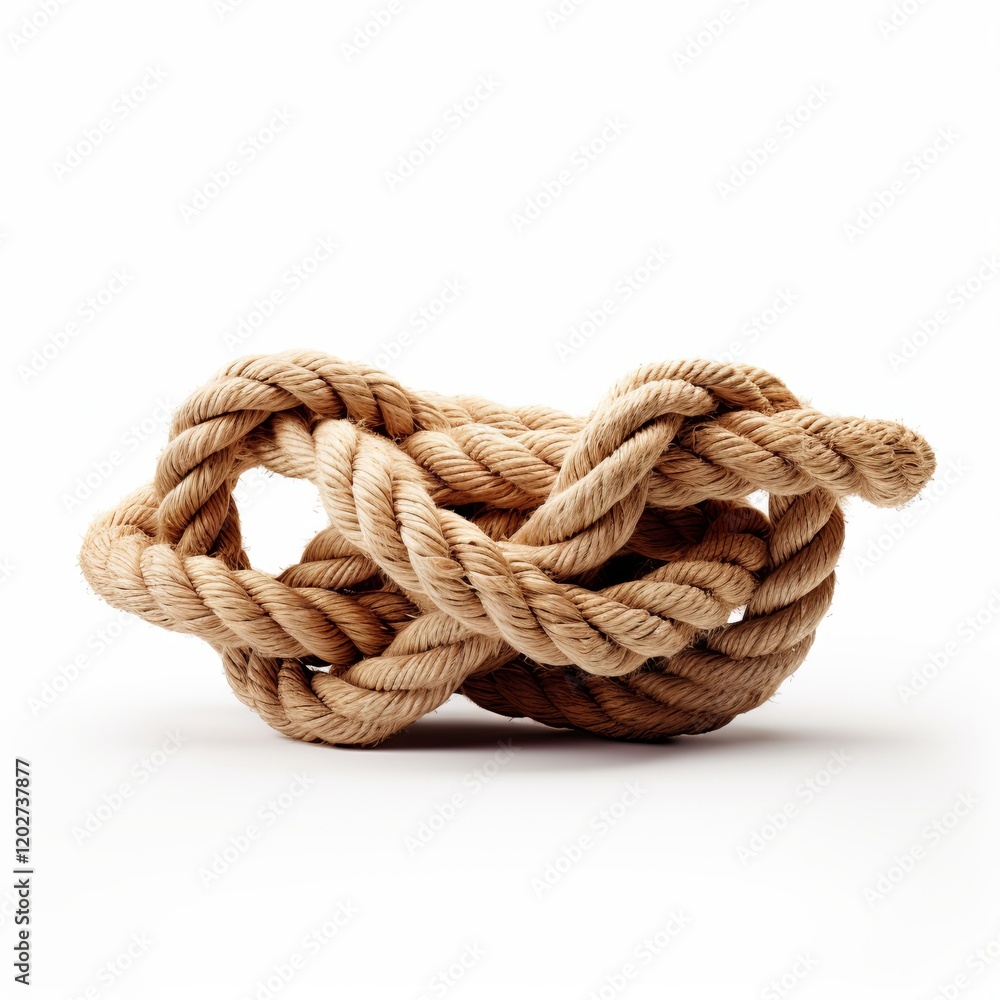 This image features a meticulously tied tan rope in an intricate decorative knot, beautifully isolated against a bright white background, showcasing the texture and craftsmanship of the knot. This image features a meticulously tied tan rope in an intricate decorative knot, beautifully isolated against a bright white background, showcasing the texture and craftsmanship of the knot.