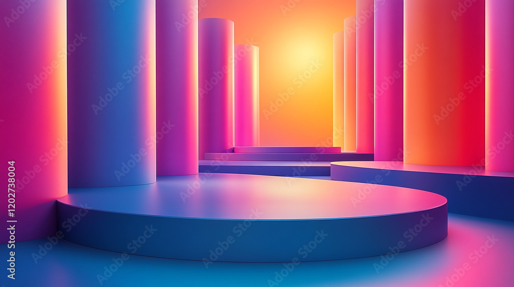 Fototapeta premium Colorful geometric structures create an abstract pathway in vibrant light